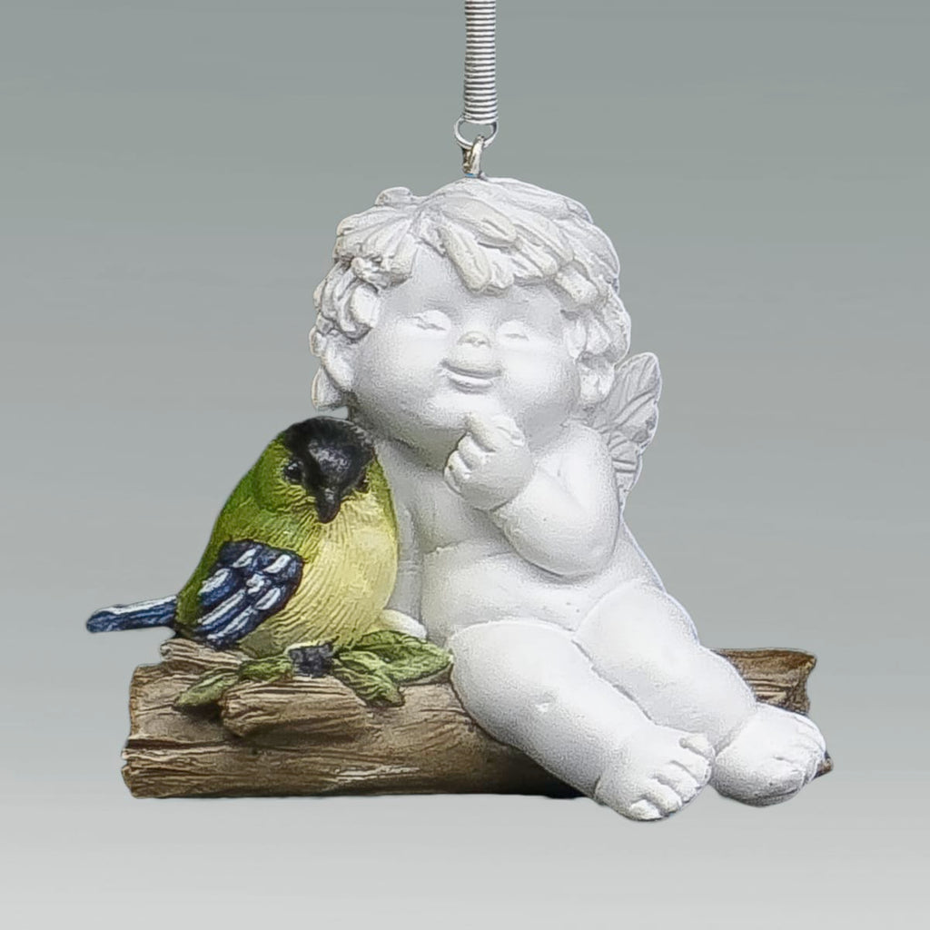 Igor auf Vogel hängend an Feder - nachdenklich mit Vögelchen